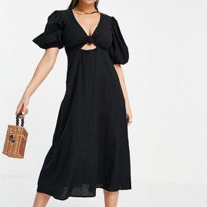 linen cut out beach midi dress with puff sleeve | 2